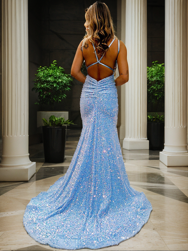 Sheath Mermaid Sequins V-Neck Sleeveless Crisscross-Back Sweep/Brush Train Prom Dresses
