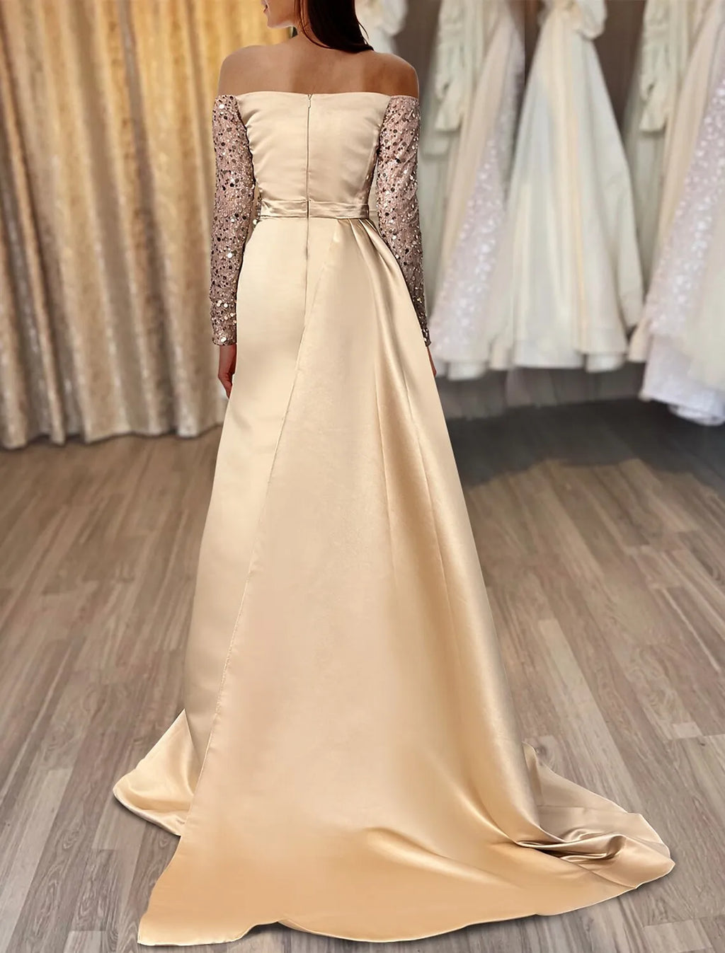 Sheath Off-Shoulder Long Sleeve Embellished Champagne Floor-Length Prom Dress