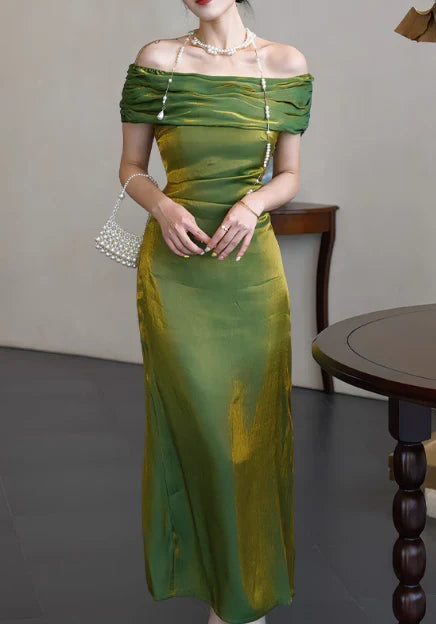 Green Sheath Off-the-Shoulder Metallic Ankle-Length Evening Dress