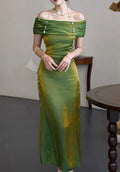 Green Sheath Off-the-Shoulder Metallic Ankle-Length Evening Dress