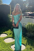 Sheath Off-the-Shoulder Aqua Floor-Length Prom Dress