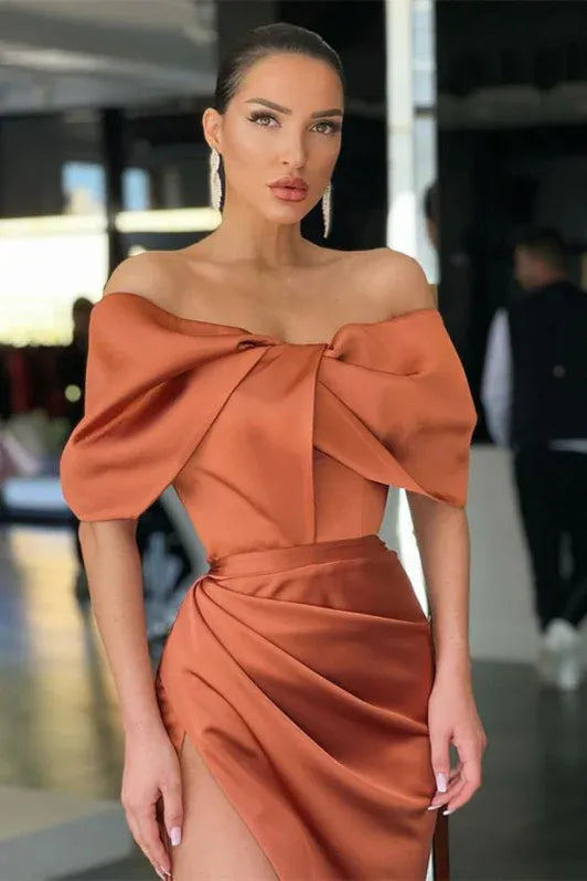 Sheath Off Shoulder Bow Ruched Copper Floor-Length Prom Dress