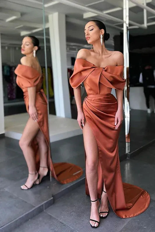 Sheath Off Shoulder Bow Ruched Copper Floor-Length Prom Dress