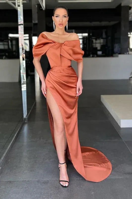 Sheath Off Shoulder Bow Ruched Copper Floor-Length Prom Dress