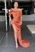 Sheath Off Shoulder Bow Ruched Copper Floor-Length Prom Dress