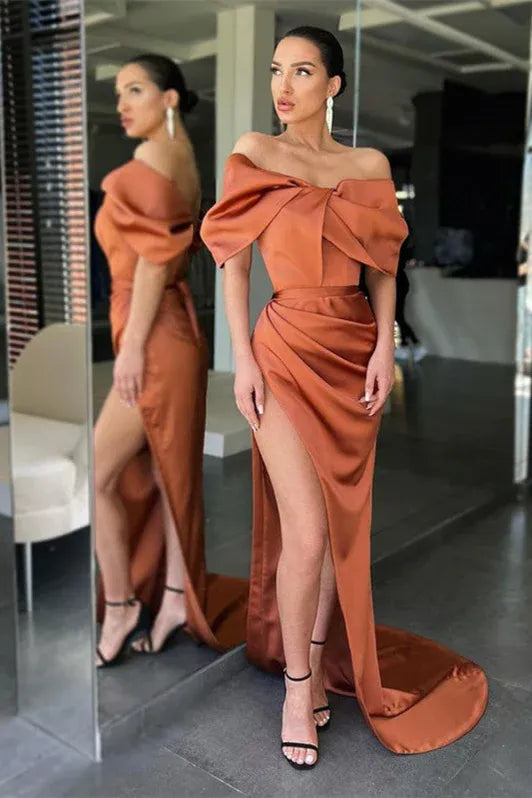 Sheath Off Shoulder Bow Ruched Copper Floor-Length Prom Dress