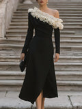 Black Sheath One Shoulder Long Sleeves Pleated Ruffled Midi Prom Dresses