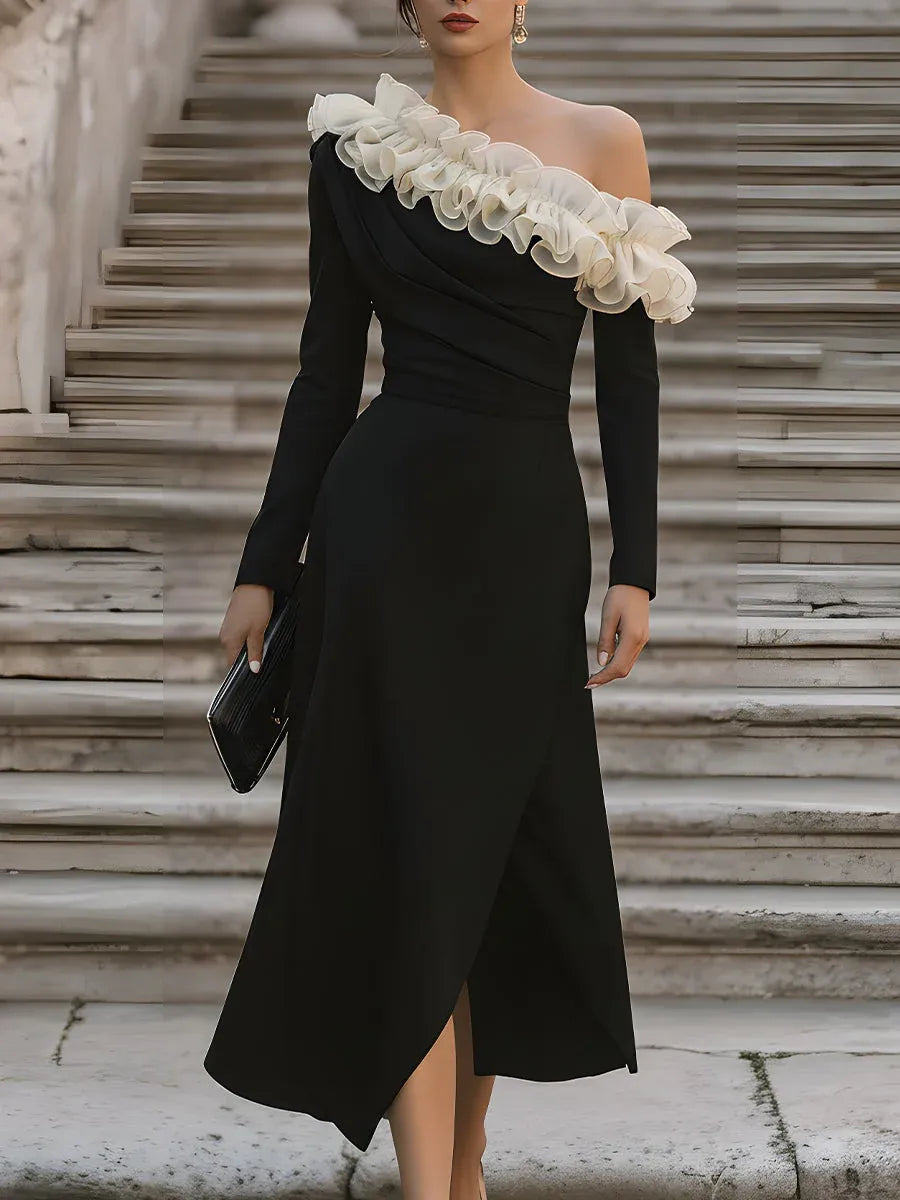 Black Sheath One Shoulder Long Sleeves Pleated Ruffled Midi Prom Dresses