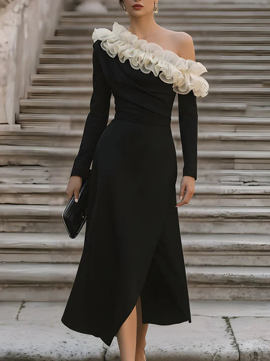 Glamorous Black Ruffled A-Line One-Shoulder Long-Sleeve Classic-Back Midi-Length Prom Dress