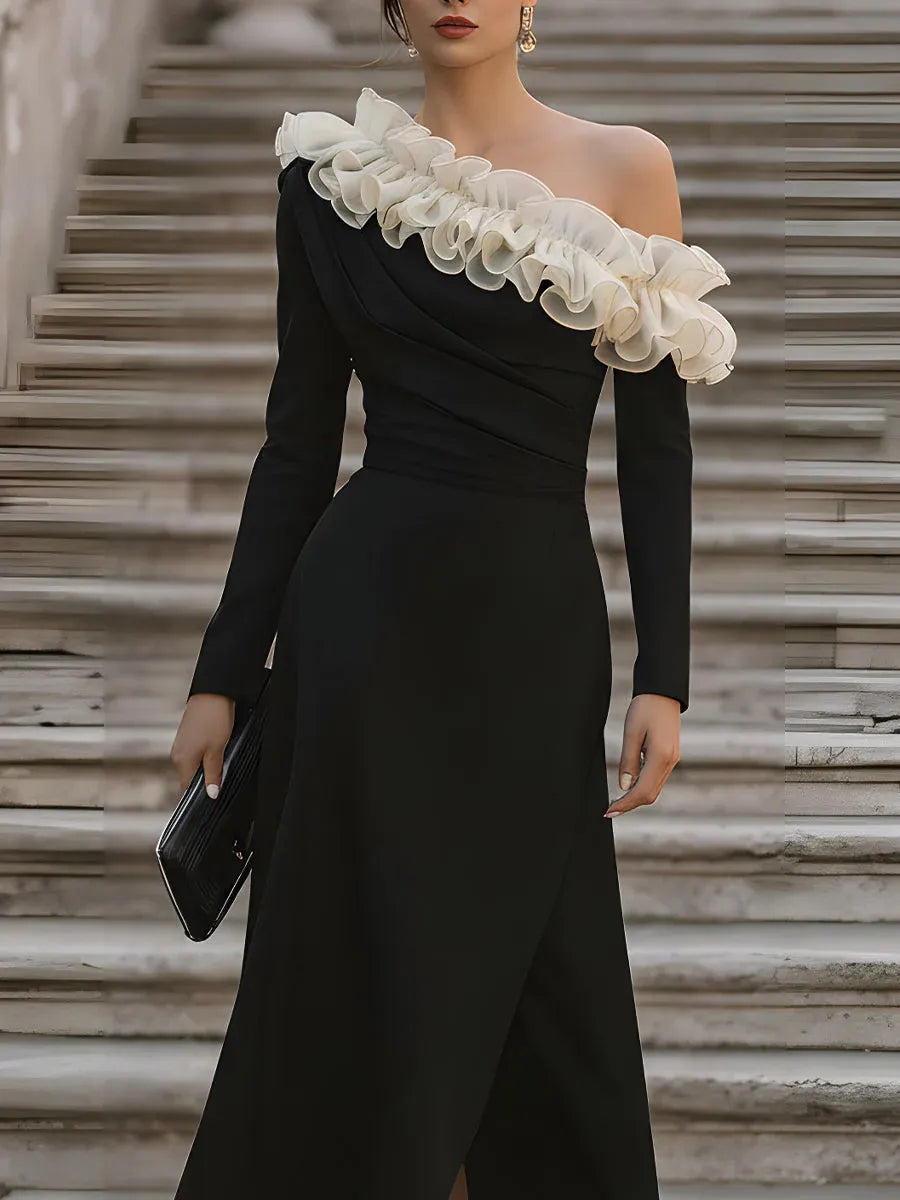 Black Sheath One Shoulder Long Sleeves Pleated Ruffled Midi Prom Dresses