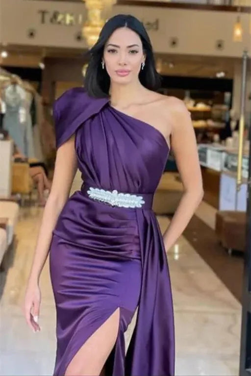 Purple Sheath One Shoulder Ruched Beaded Floor-Length Prom Dress