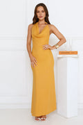 Orange Sheath Halter Cowl Neck Sleeveless Ruched Tie-Back Ankle-Length Prom Dresses
