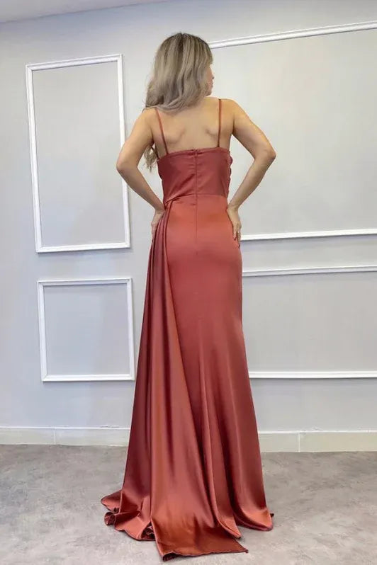 Sheath Spaghetti Strap Beaded Terracotta Floor-Length Prom Dresses