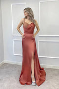 Sheath Spaghetti Strap Beaded Terracotta Floor-Length Prom Dresses