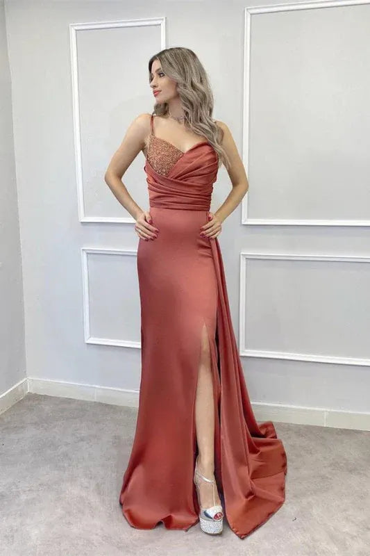 Sheath Spaghetti Strap Beaded Terracotta Floor-Length Prom Dresses