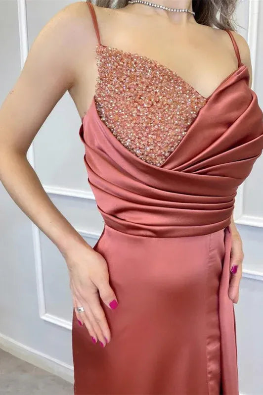 Sheath Spaghetti Strap Beaded Terracotta Floor-Length Prom Dresses