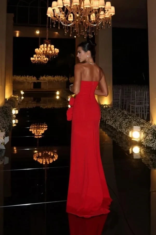 Red Sheath Strapless Floral Floor-Length Prom Dress