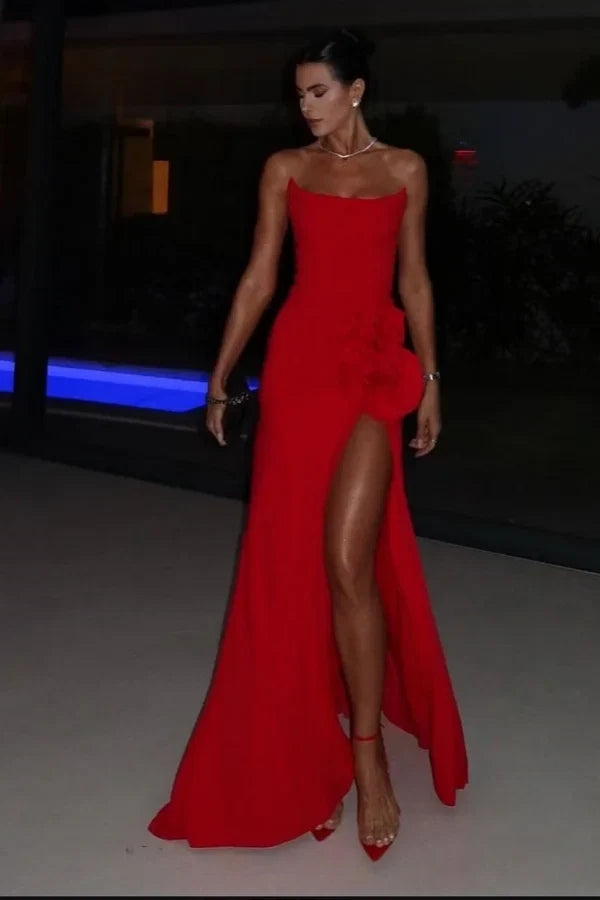 Red Sheath Strapless Floral Floor-Length Prom Dress