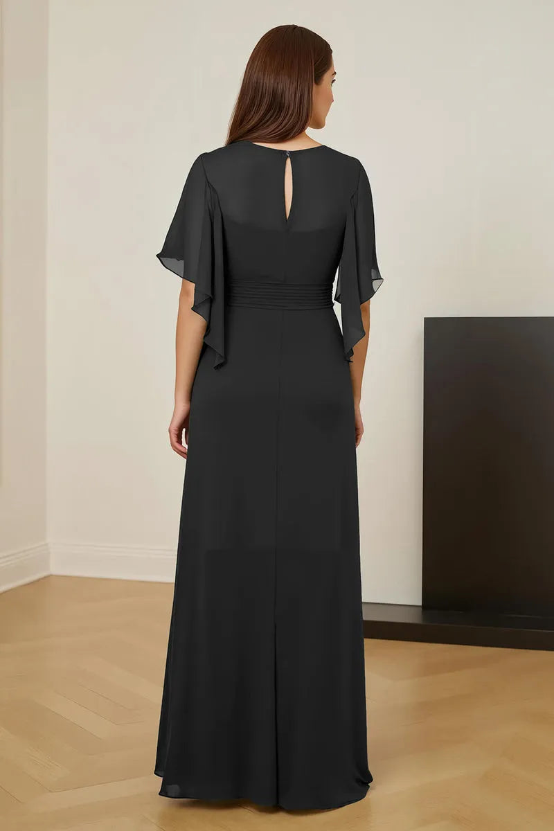Sheath V-Neck Ruched Keyhole Ankle-Length High Side Slit.Mother of the Bride Dress with Flutter Sleeve