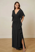 Sheath V-Neck Ruched Keyhole Ankle-Length High Side Slit.Mother of the Bride Dress with Flutter Sleeve