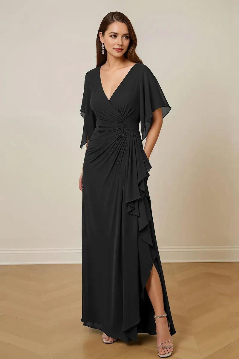 Sheath V-Neck Ruched Keyhole Ankle-Length High Side Slit.Mother of the Bride Dress with Flutter Sleeve