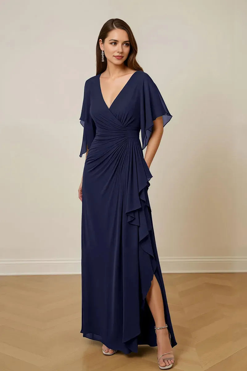 Sheath V-Neck Ruched Keyhole Ankle-Length High Side Slit.Mother of the Bride Dress with Flutter Sleeve