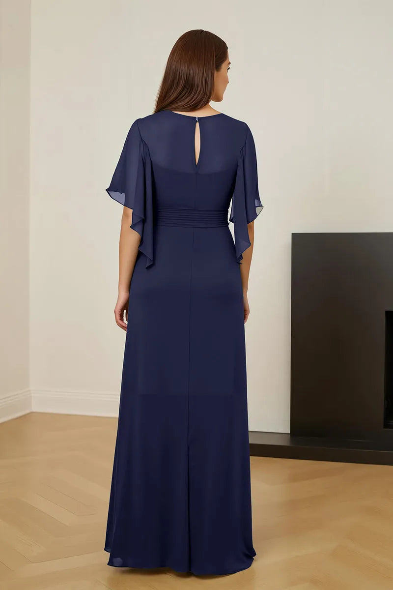 Sheath V-Neck Ruched Keyhole Ankle-Length High Side Slit.Mother of the Bride Dress with Flutter Sleeve