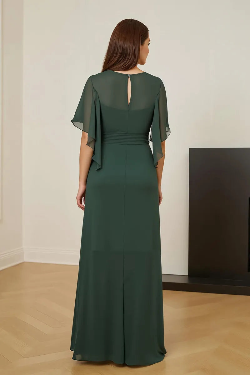 Sheath V-Neck Ruched Keyhole Ankle-Length High Side Slit.Mother of the Bride Dress with Flutter Sleeve