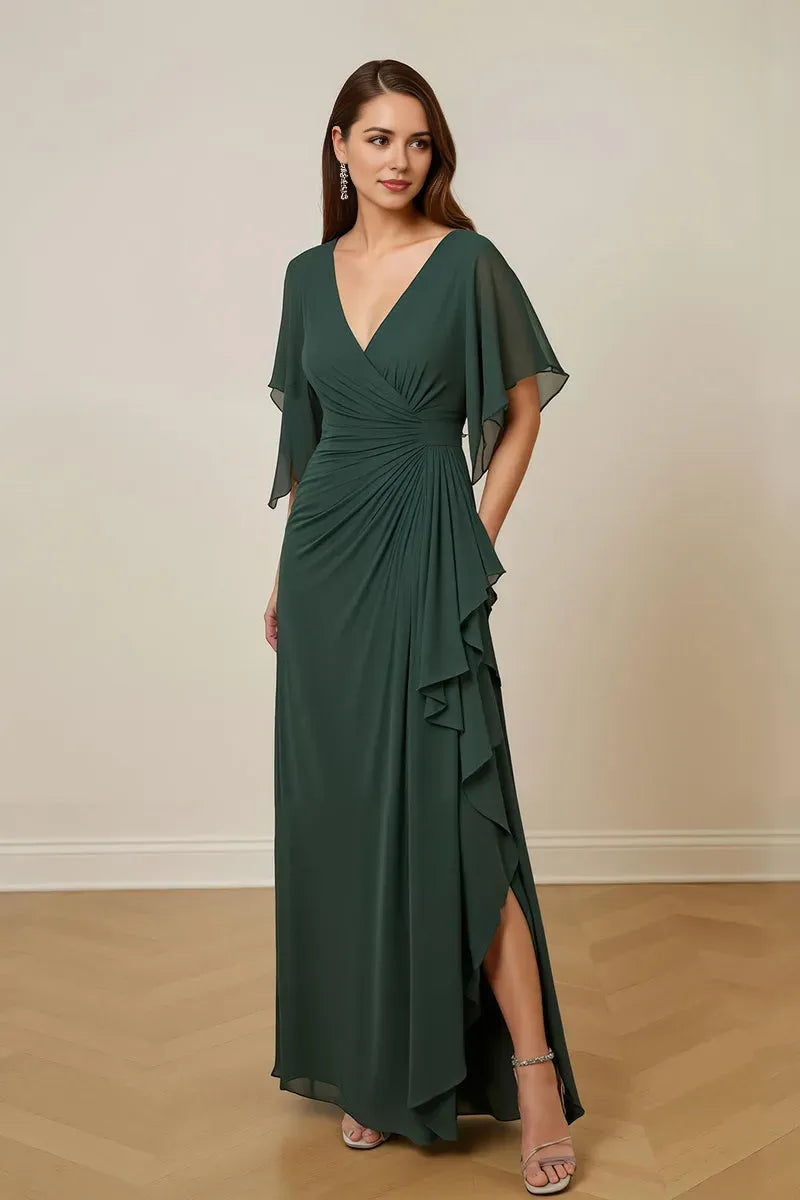 Sheath V-Neck Ruched Keyhole Ankle-Length High Side Slit.Mother of the Bride Dress with Flutter Sleeve