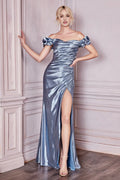 Silver - Blue Metallic Prom Dress with Off - Shoulder Puffed Sleeves and High Side Slit for Formal Evenings