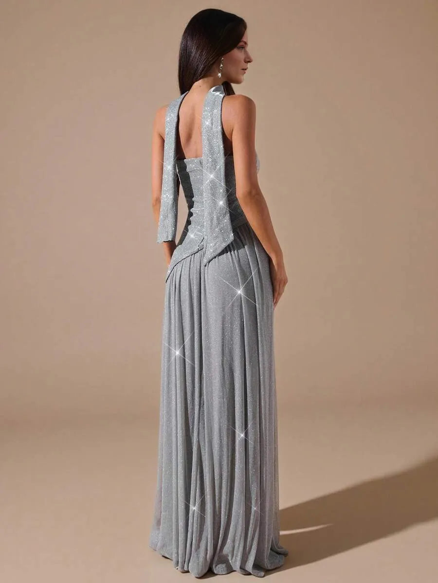 Silver A-Line Straight Neck Strapless Drape Back Floor-Length Prom Dresses with Scarf