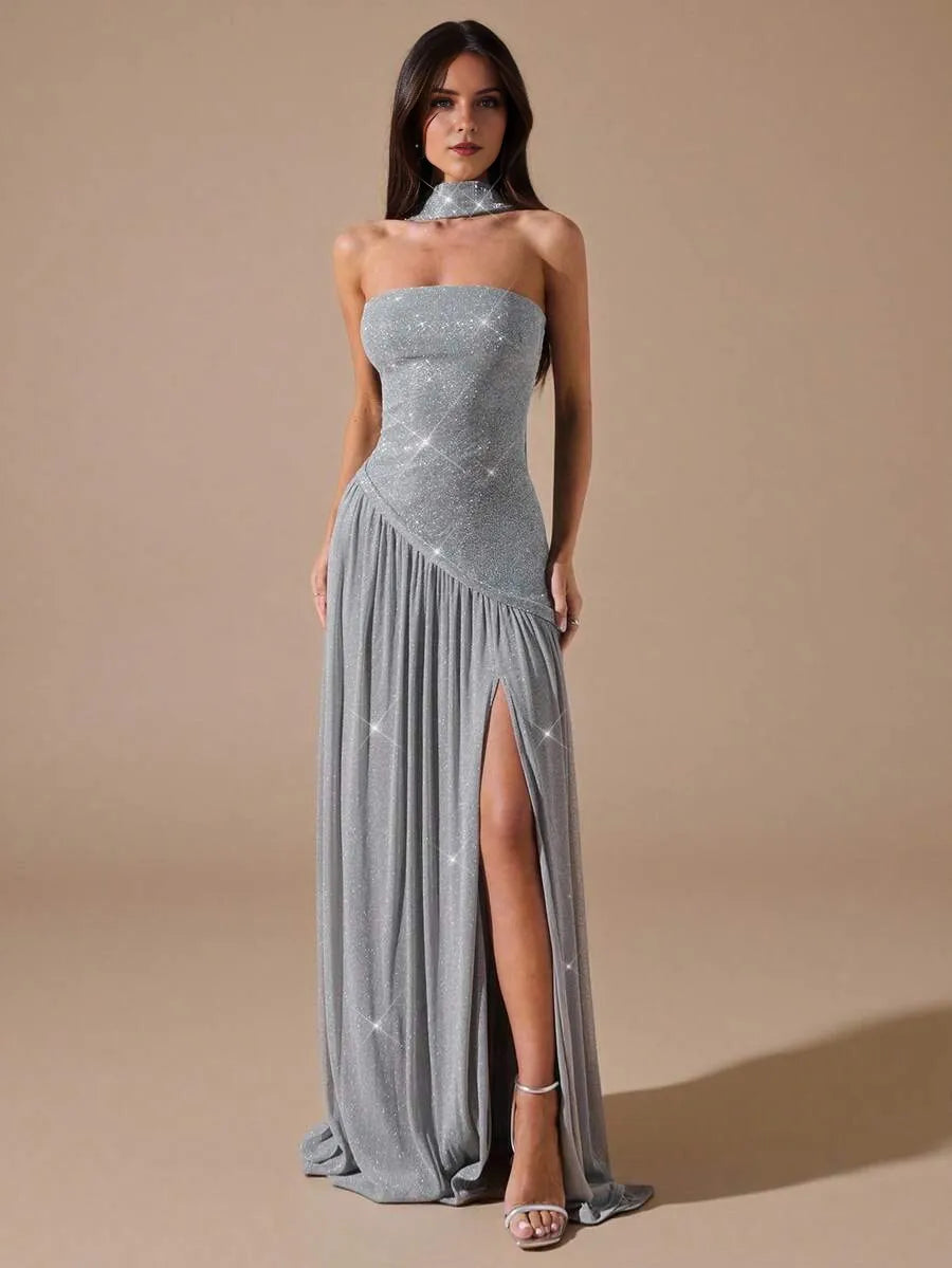 Silver A-Line Straight Neck Strapless Drape Back Floor-Length Prom Dresses with Scarf
