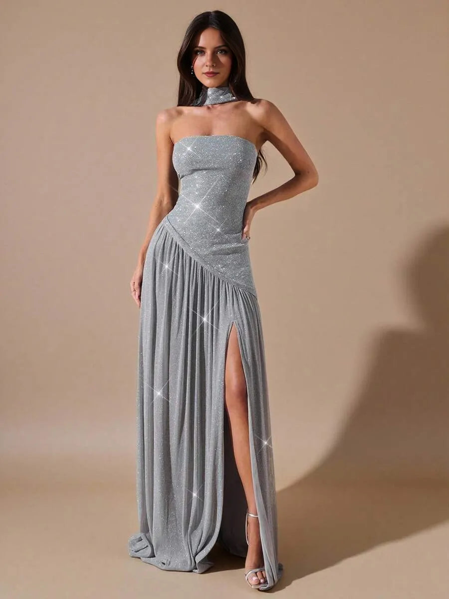 Silver A-Line Straight Neck Strapless Drape Back Floor-Length Prom Dresses with Scarf