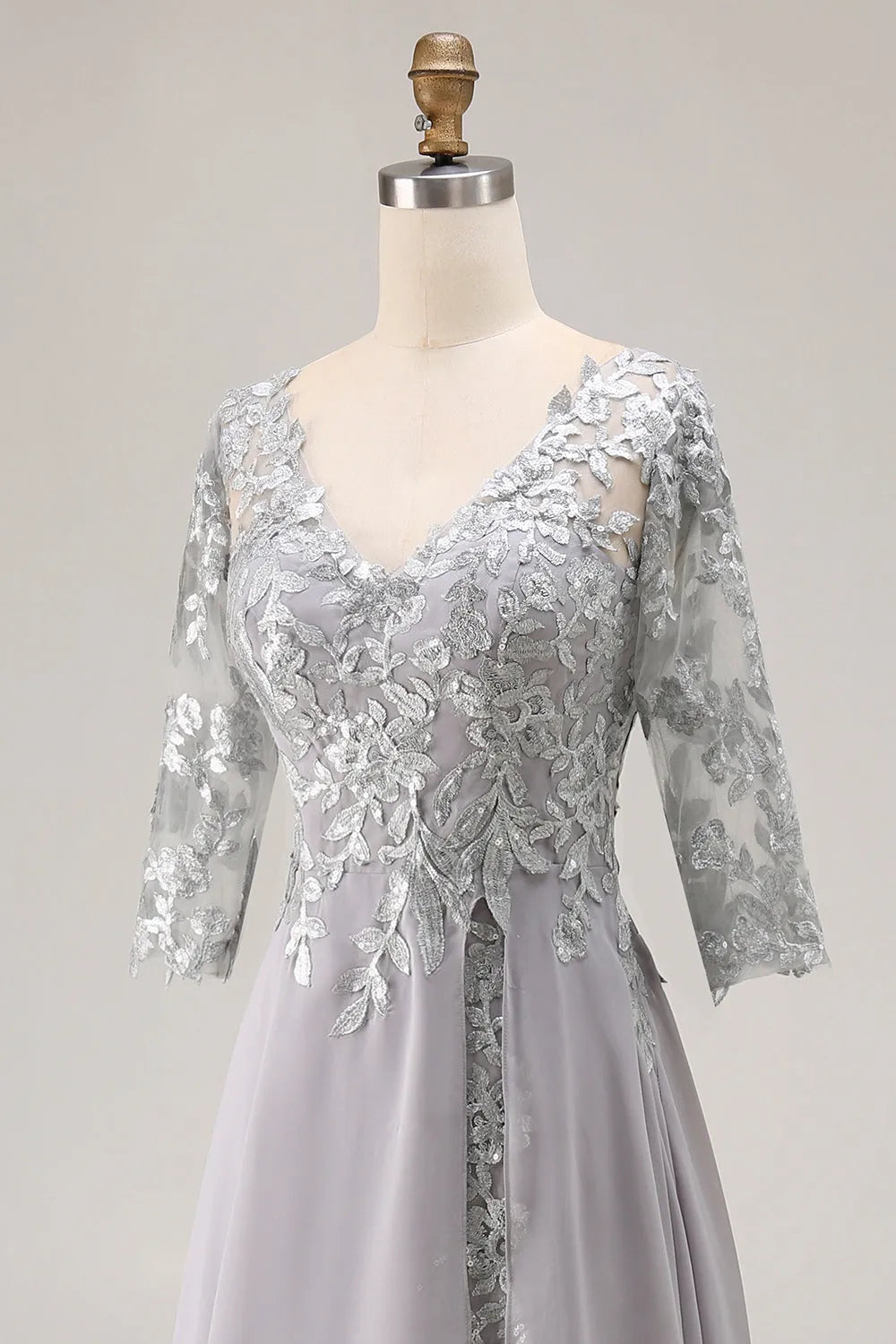 Silver A-Line V-Neck Three Quarter Sleeve Up Back Floor-Length Appliqued Mother of the Bride Dresses