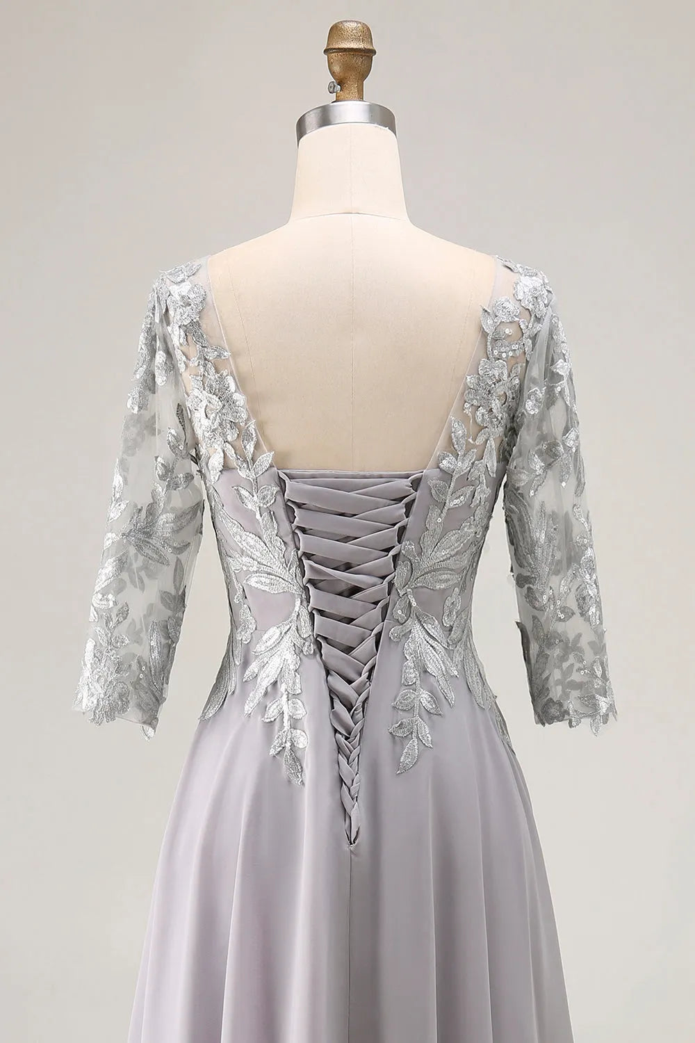 Silver A-Line V-Neck Three Quarter Sleeve Up Back Floor-Length Appliqued Mother of the Bride Dresses