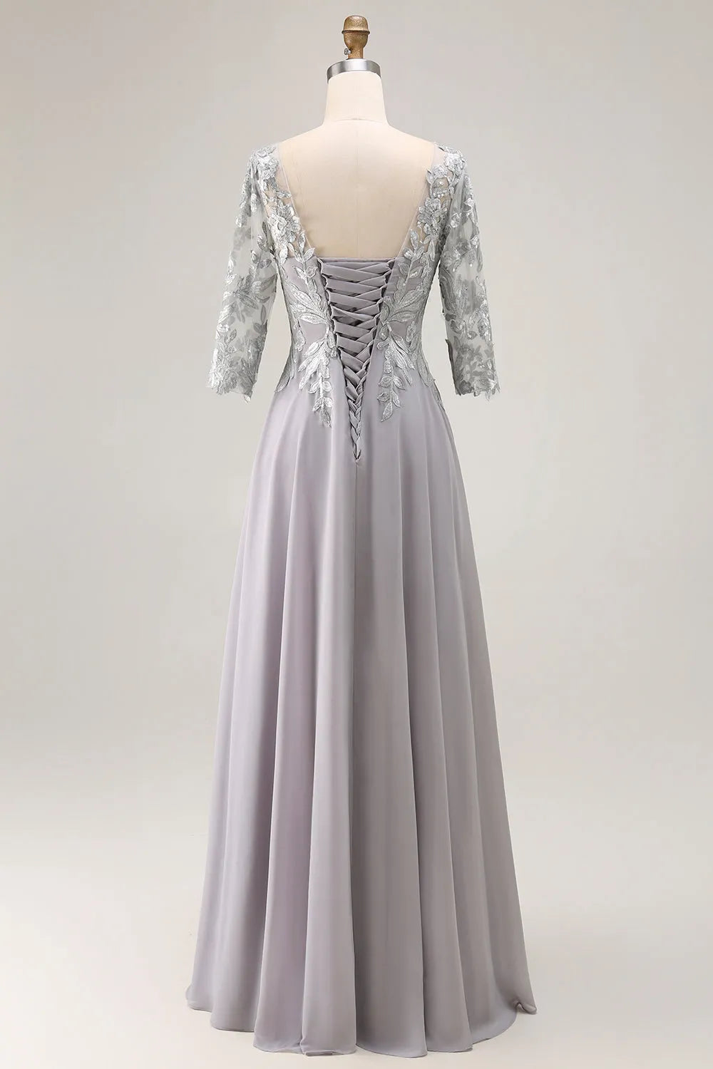 Silver A-Line V-Neck Three Quarter Sleeve Up Back Floor-Length Appliqued Mother of the Bride Dresses
