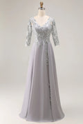 Silver A-Line V-Neck Three Quarter Sleeve Up Back Floor-Length Appliqued Mother of the Bride Dresses