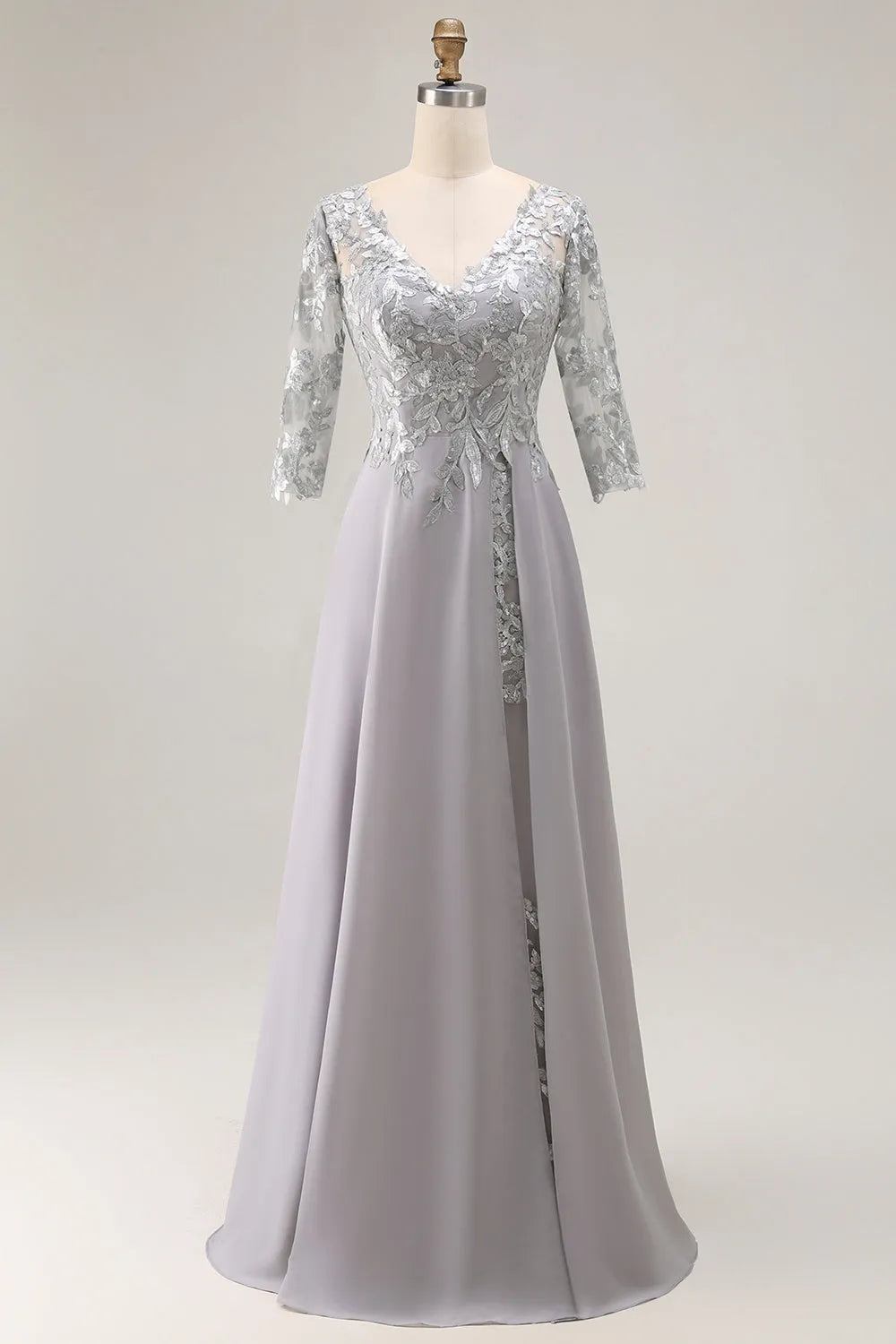 Silver A-Line V-Neck Three Quarter Sleeve Up Back Floor-Length Appliqued Mother of the Bride Dresses