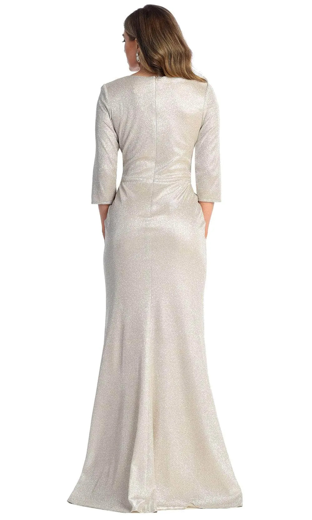 Silver Glitter Knit Wrap Front Evening Gown with 3/4 Sleeves A Sparkling Choice for Formal Galas Weddings and Special Occasions