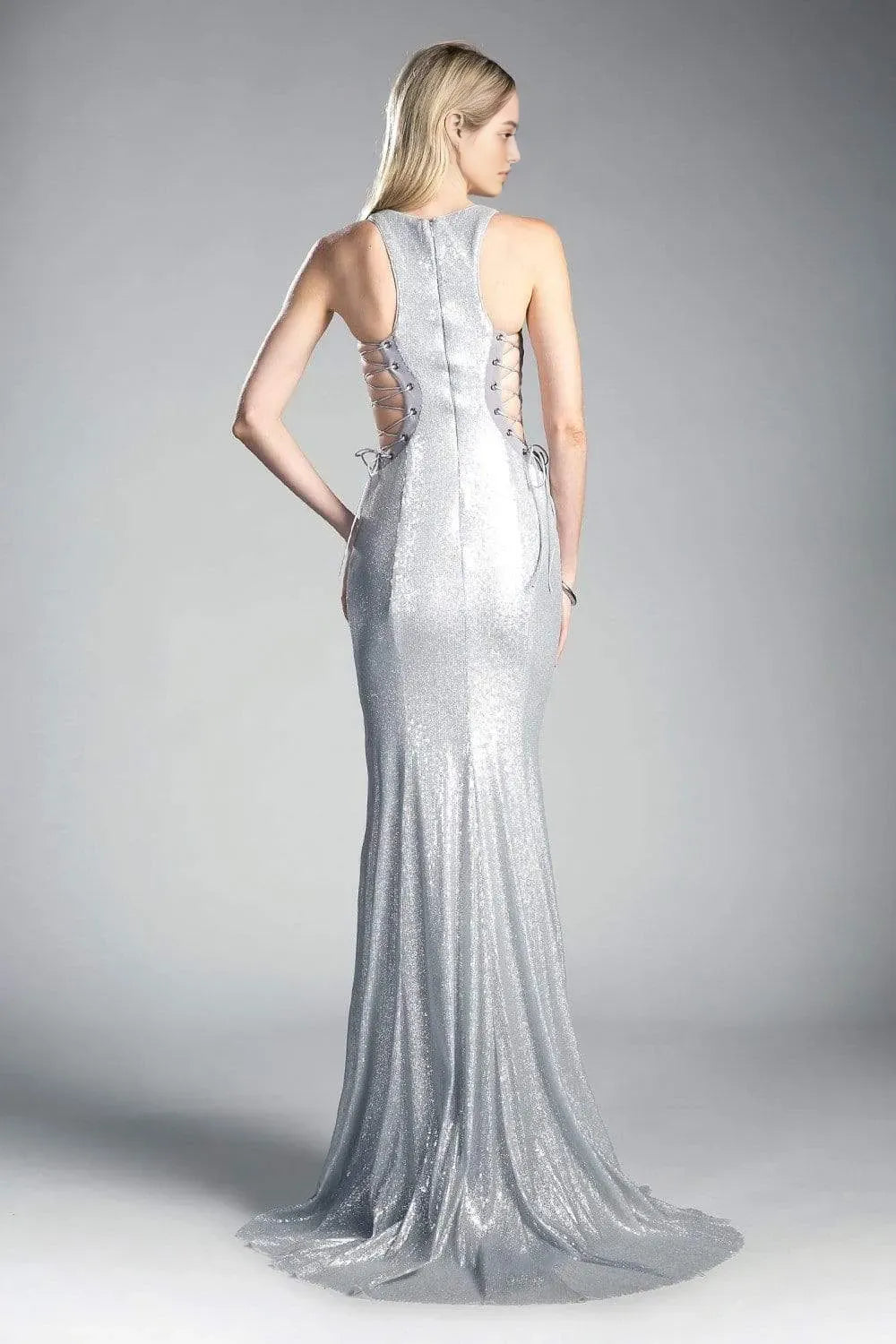 Silver Evening Dresses with Sleeveless Design Round Neckline Side Up Detailing and Mermaid Silhouette for Formal