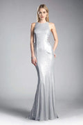 Silver Evening Dresses with Sleeveless Design Round Neckline Side Up Detailing and Mermaid Silhouette for Formal