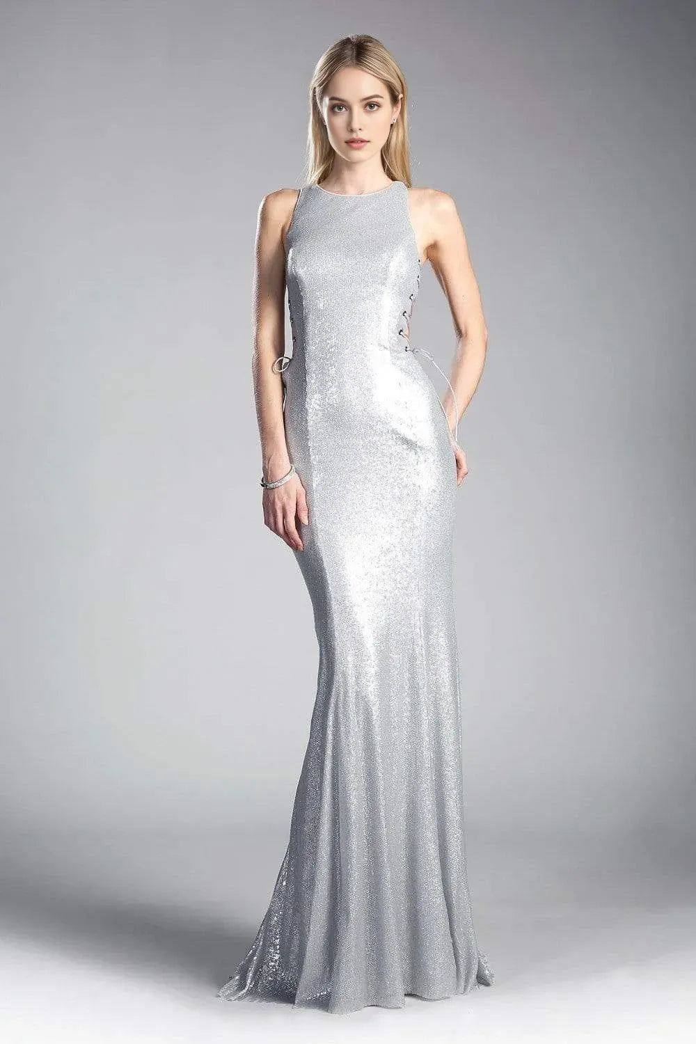 Silver Evening Dresses with Sleeveless Design Round Neckline Side Up Detailing and Mermaid Silhouette for Formal