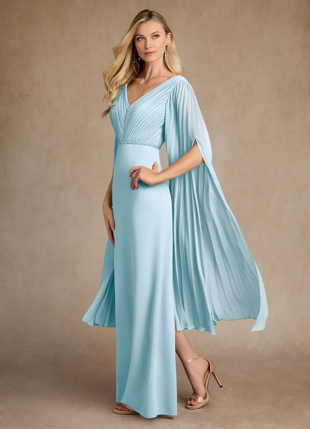 Sky Blue Pleated Mother of the Bride Dress with Plunging V - Neck Pleated Bodice Draped Cape Sleeves