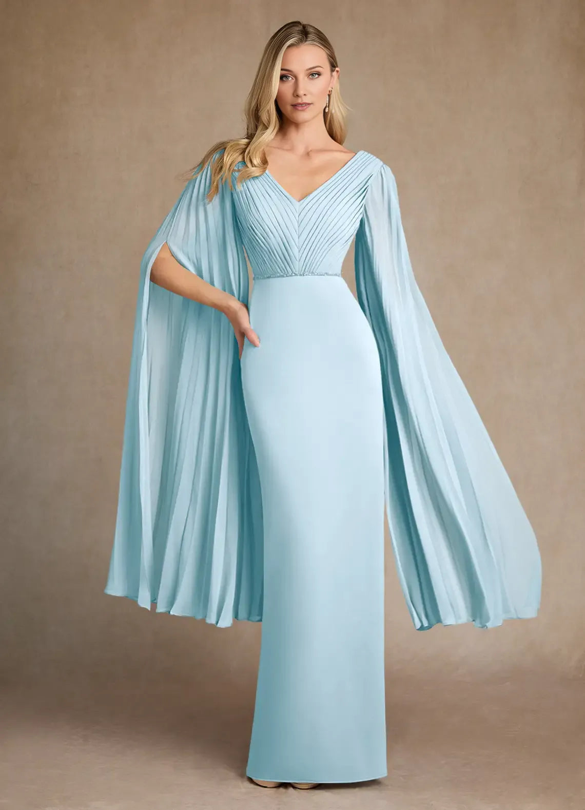 Sky Blue Pleated Mother of the Bride Dress with Plunging V - Neck Pleated Bodice Draped Cape Sleeves