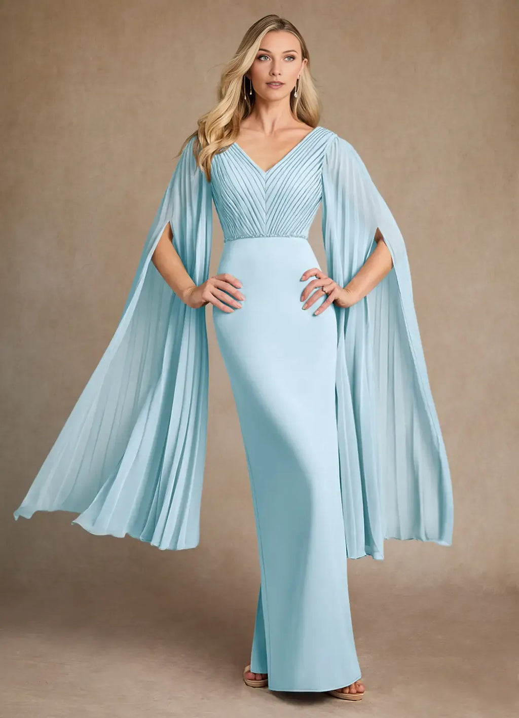 Sky Blue Pleated Mother of the Bride Dress with Plunging V - Neck Pleated Bodice Draped Cape Sleeves