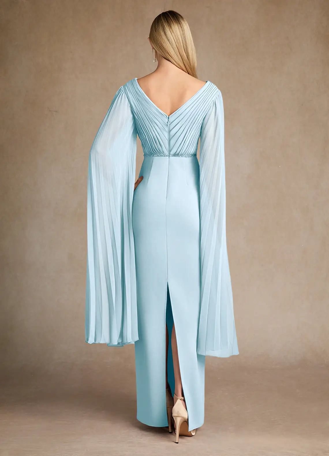 Sky Blue Pleated Mother of the Bride Dress with Plunging V - Neck Pleated Bodice Draped Cape Sleeves