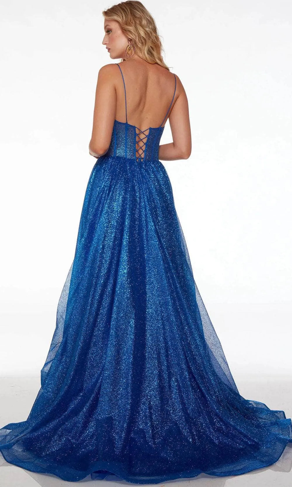Blue Spaghetti - Strap Royal Glitter Prom Dress with Sheer Corset Bodice and High Side Slit, Perfect for Evening Galas Formal Occasions