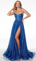 Blue Spaghetti - Strap Royal Glitter Prom Dress with Sheer Corset Bodice and High Side Slit, Perfect for Evening Galas Formal Occasions