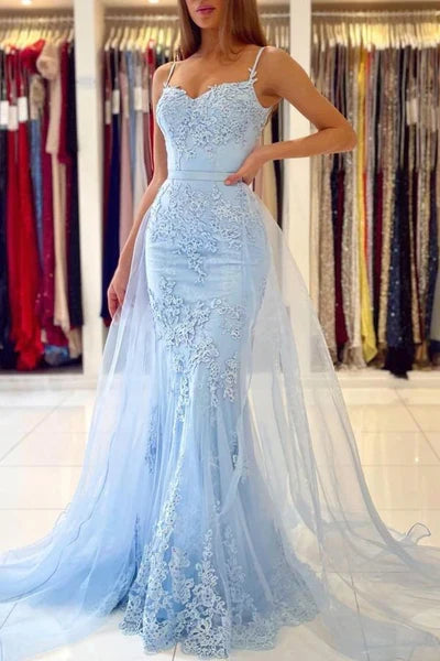 Spaghetti-Straps Mermaid Evening Dress With Appliques Ruffles