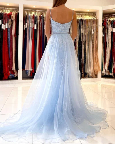 Spaghetti-Straps Mermaid Evening Dress With Appliques Ruffles